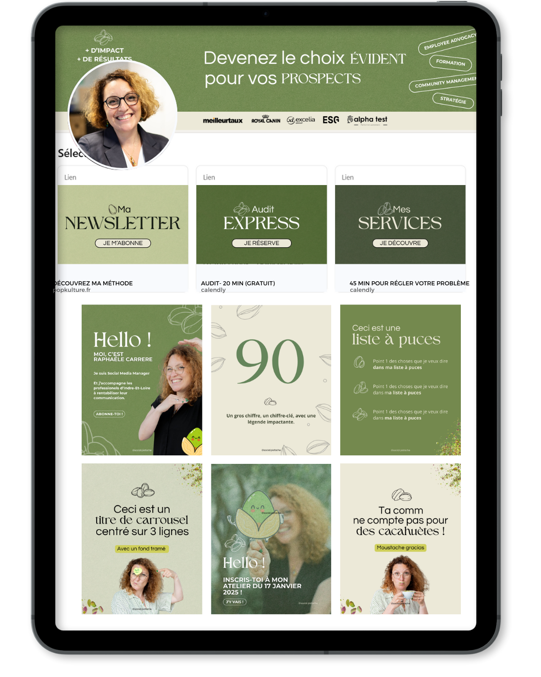 Projet client Branding Express – design de visuels LinkedIn professionnels social pistache