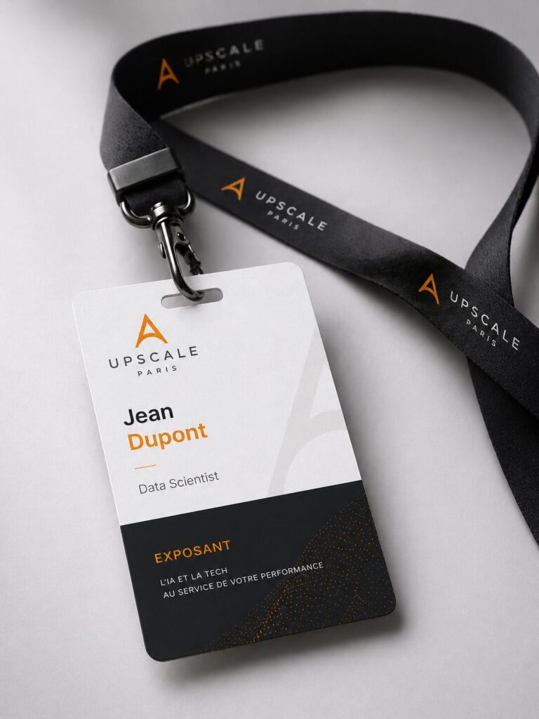 Mockup de badge professionnel et tour de cou créés pour Upscale Paris - identité visuelle entreprise IA