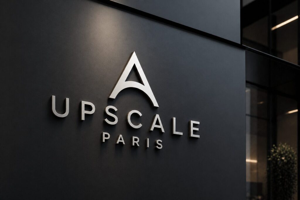 Mockup du logo Upscale Paris sur façade moderne - identité visuelle pour entreprise d’intelligence artificielle