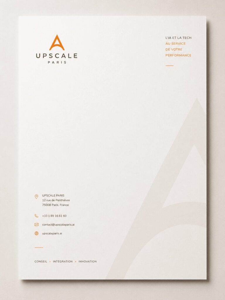 Papeterie professionnelle créée pour Upscale Paris - identité visuelle entreprise spécialisée en intelligence artificielle