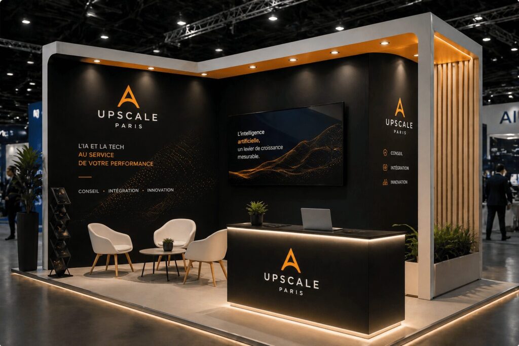 Stand professionnel créé pour Upscale Paris - identité visuelle entreprise spécialisée en intelligence artificielle