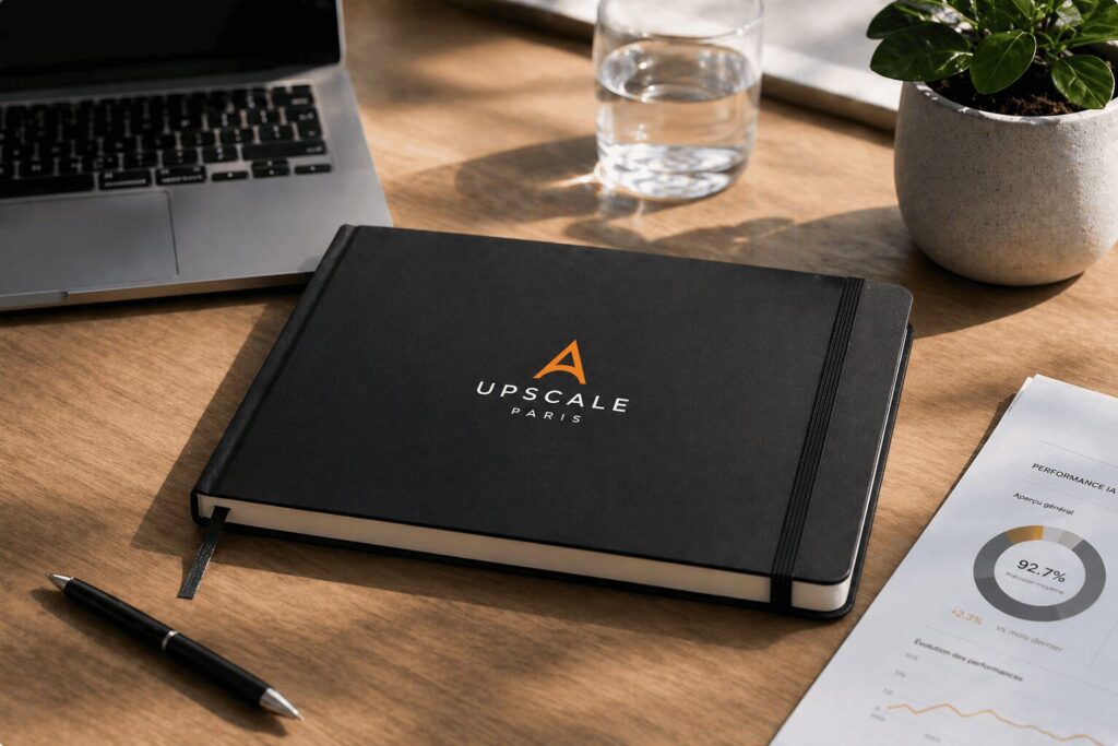 Carnet de notes personnalisé créé pour Upscale Paris - identité visuelle entreprise d’intelligence artificielle