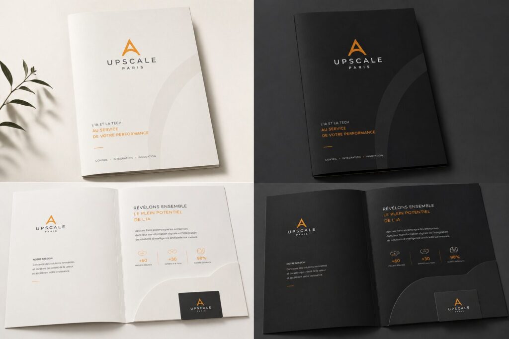 Documents corporate et supports de communication créés pour Upscale Paris - identité visuelle entreprise IA