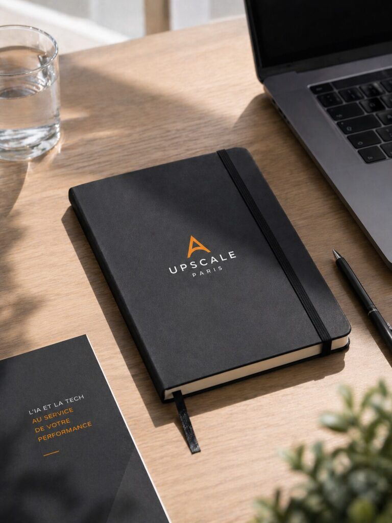Mockup papeterie Upscale Paris avec carnet de notes et carte de visite - identité visuelle entreprise IA
