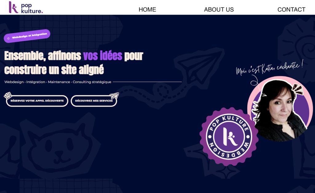 Front page de site web créée pour Katia Sobotka, webdesigner et intégratrice WordPress